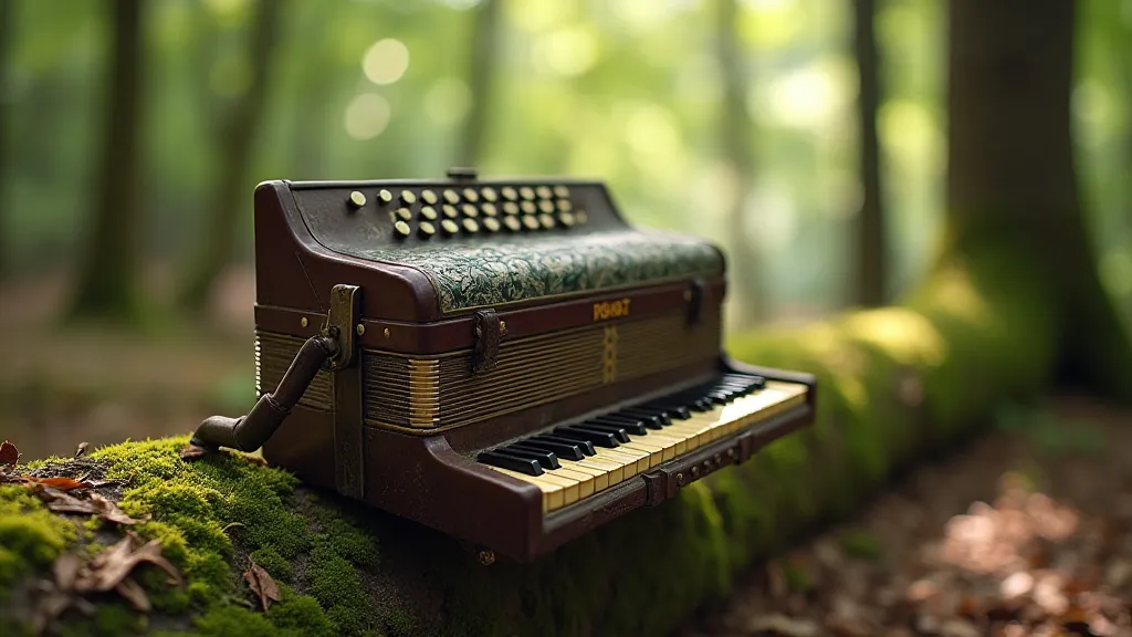 Antique accordion in a forest