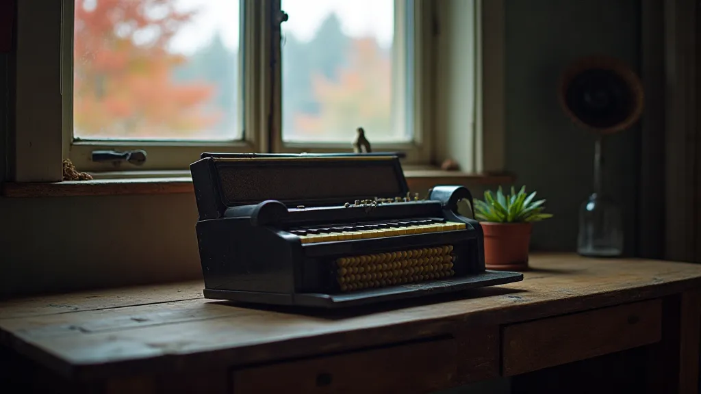 Vintage accordion on a table, autumnal landscape visible through window