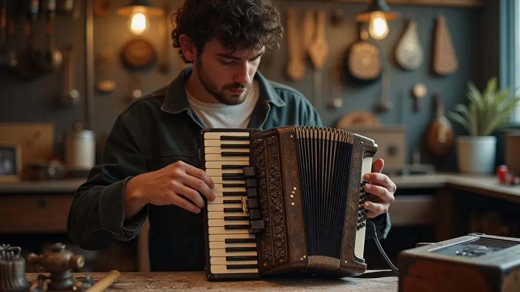 Person repairing an antique accordion in a workshop.