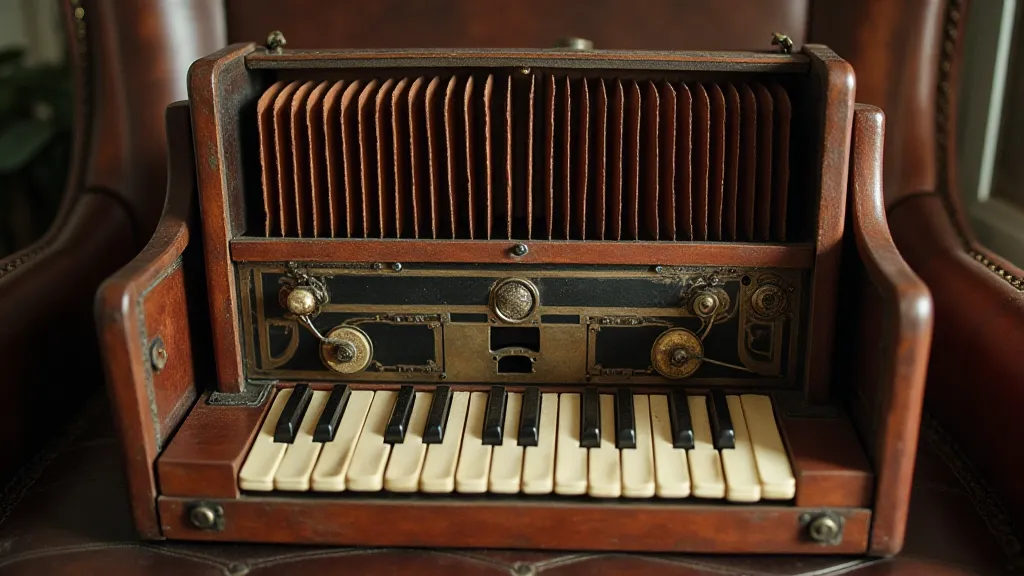 Close-up of an antique accordion's inner workings