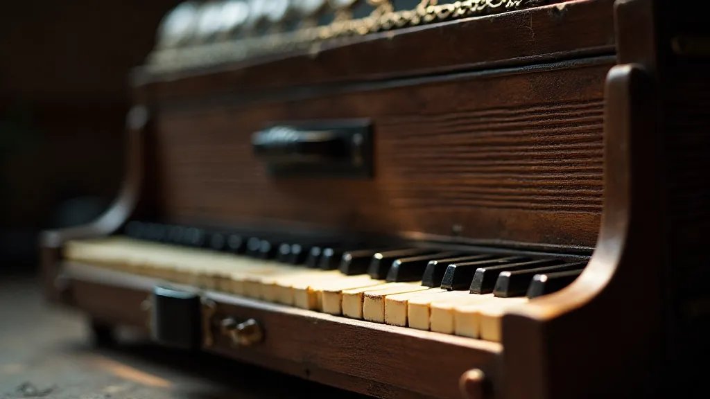 Close-up of an antique accordion's keys and bellows.