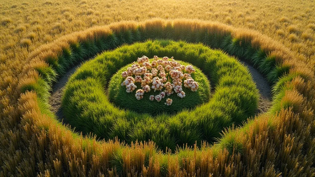Aerial view of a fairy ring in a field.