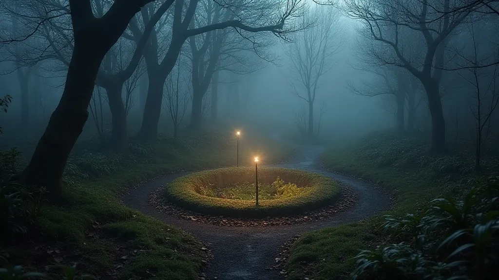A fairy ring illuminated at dusk, surrounded by mist and trees.