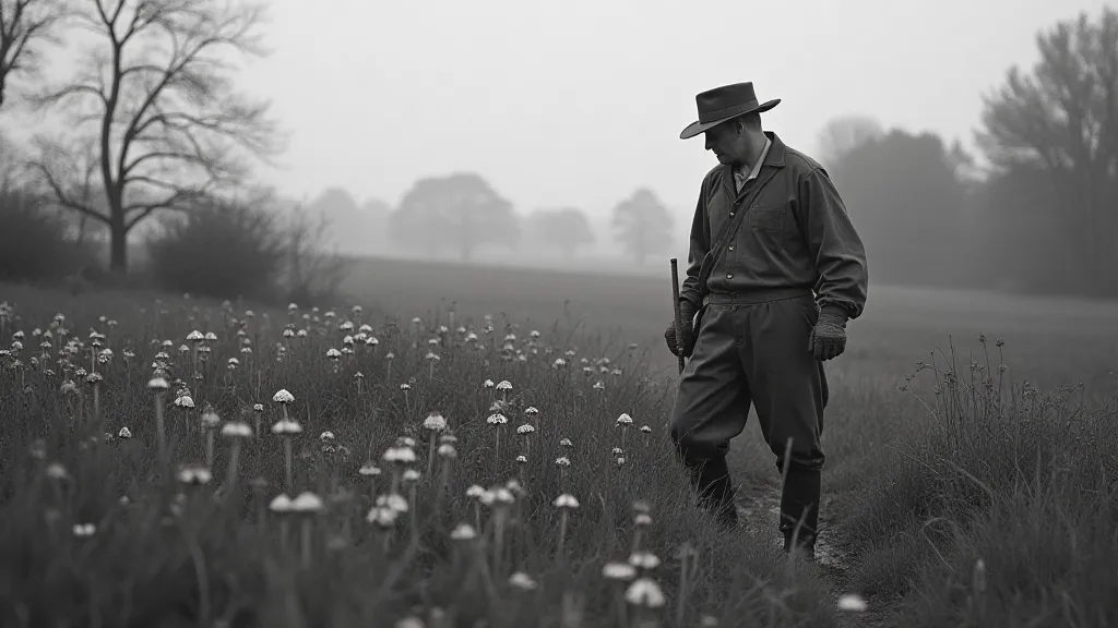Early 20th-century farmer approaching a fairy ring.