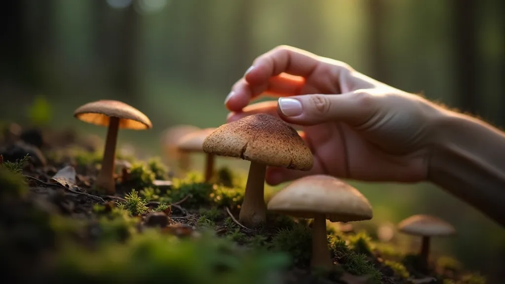 Hand touching a mushroom in a fairy ring