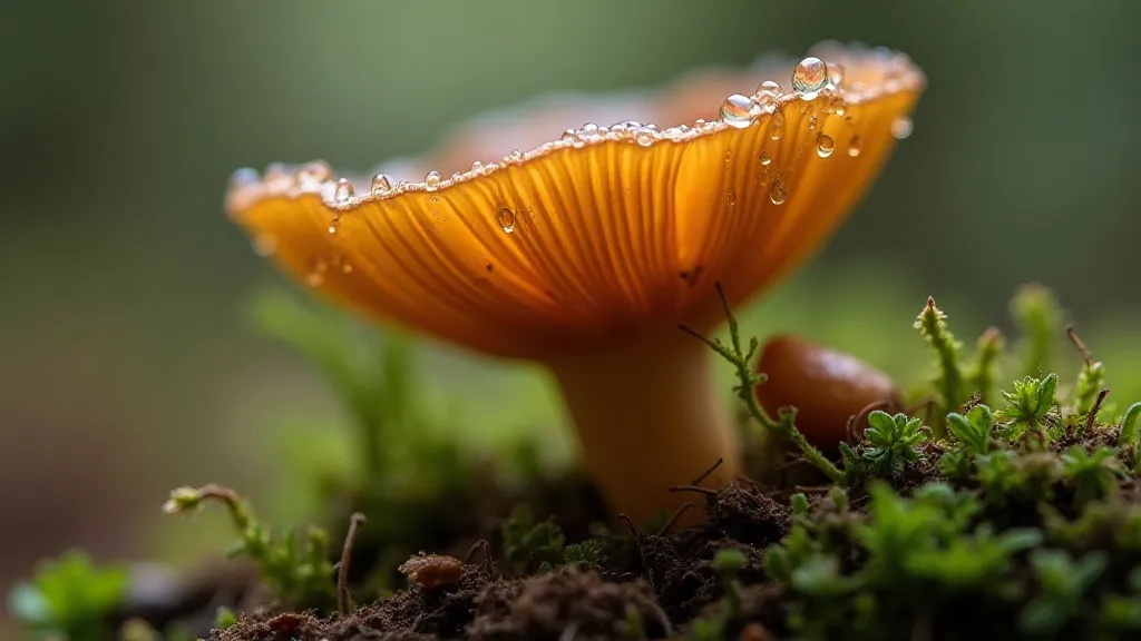 Close-up of a honey fungus mushroom within a fairy ring.
