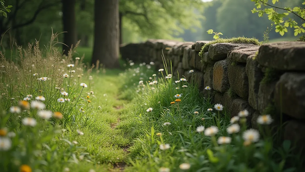 Mossy stone wall in a wildflower meadow