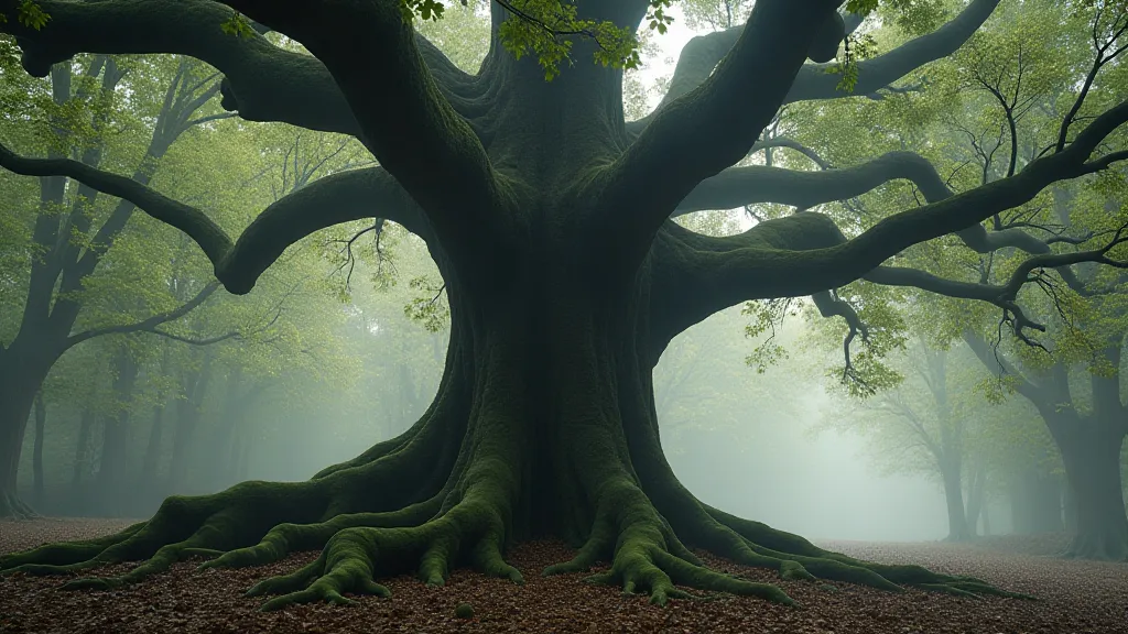 Ancient oak tree in a misty forest